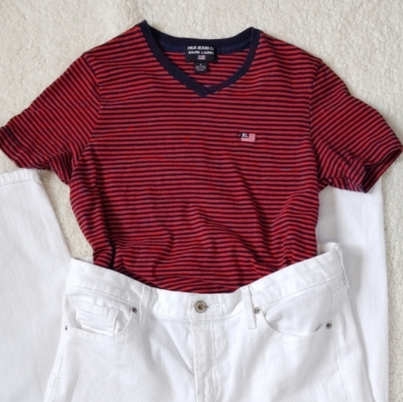 Polo Jean Co Ralph Lauren Red Navy Blue V Neck T-shirt Stripped - Picture 1 of 7